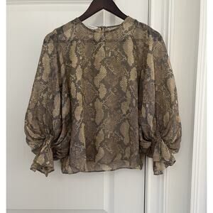 Zara Women’s Blouse Snake Print Sheer Ruffle Balloon Long Sleeves Brown Tan XS